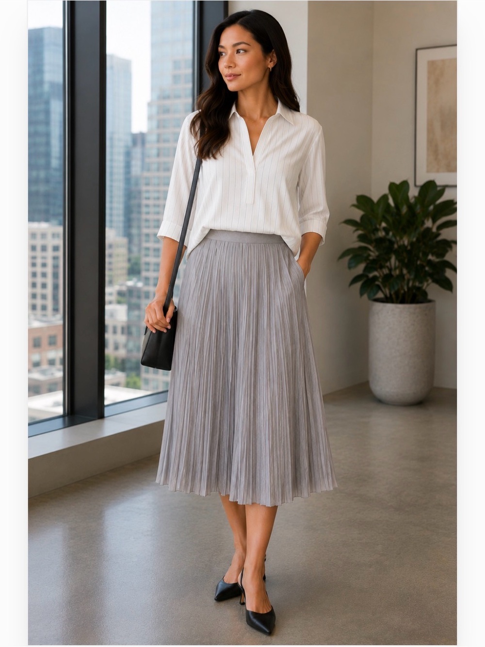 St. Tropez Light Gray Pleated Midi Skirt